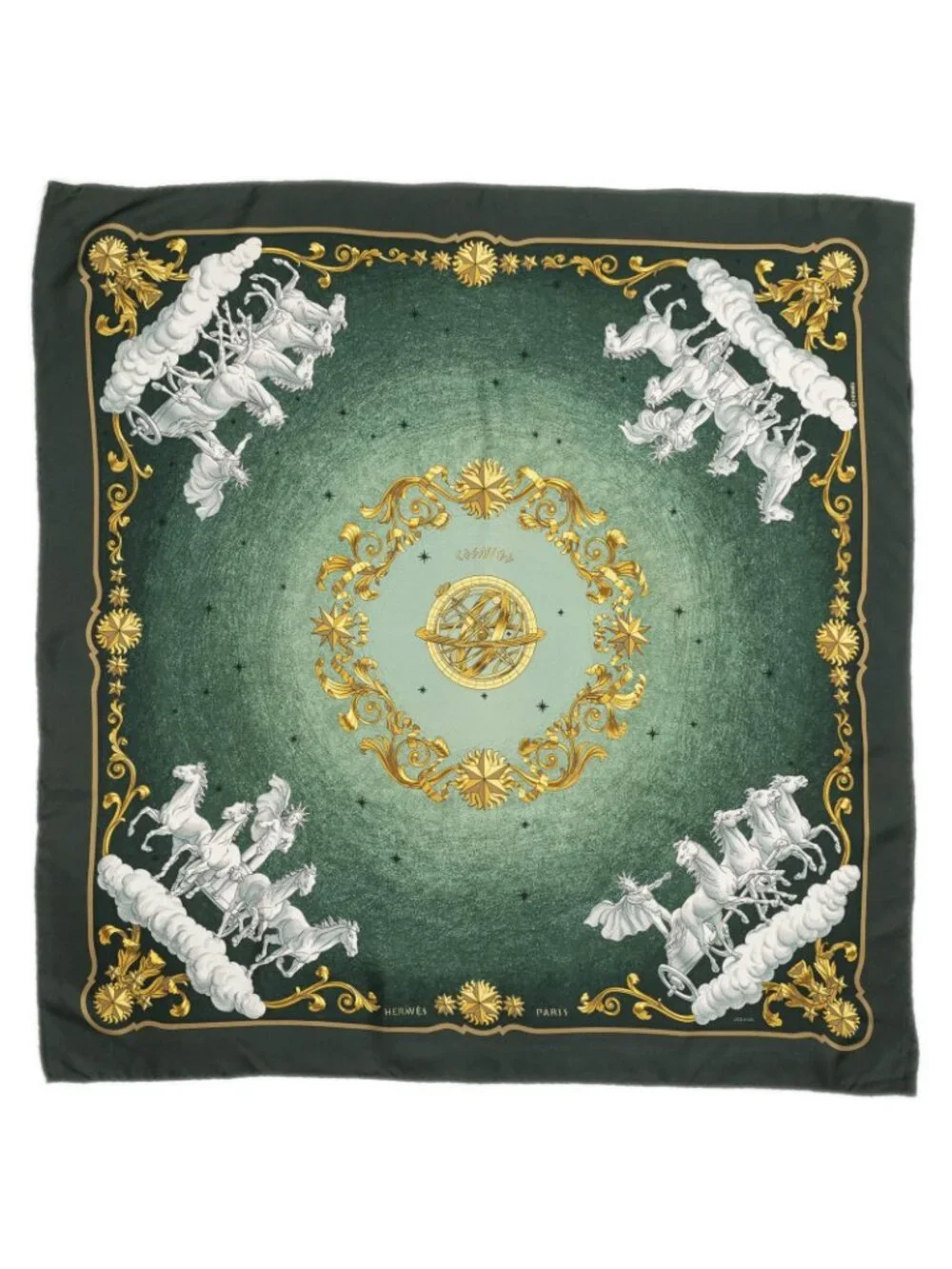 Hermes Scarf Green Yellow Twill Silk